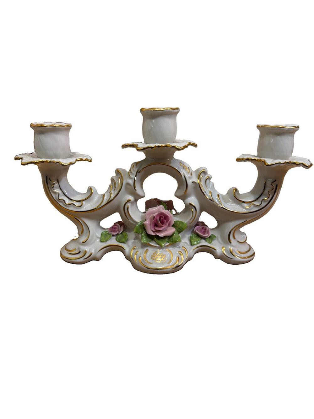 vintage Dresden rose floral 3 candle Holder Cottage Core Fairy Goth